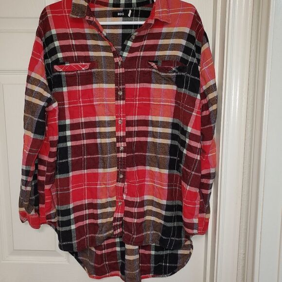 BDG Plaid Flannel Button Down Shirt Large Hi Low Hem Oversized Grunge - Picture 4 of 6